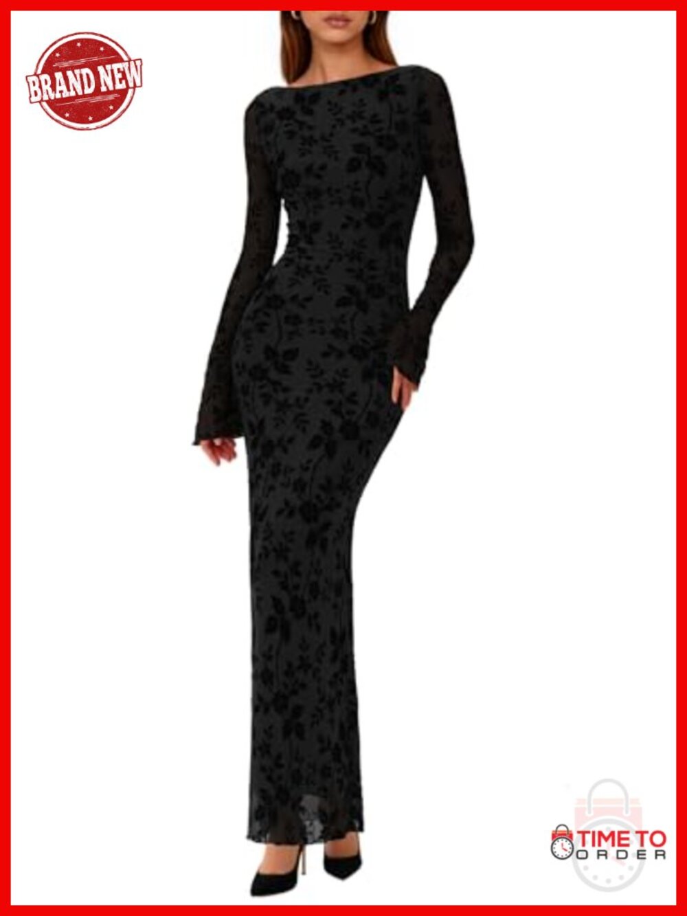 Women's Floral Bodycon Maxi Dress Boat Neck Long Sleeve Formal Wedding Guest